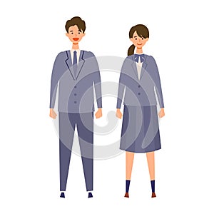 A couple of vector students from high and middle school. Vector illustration of boy and girl in uniform of same color