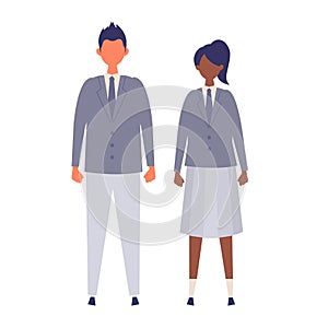 A couple of vector students from high and middle school. Vector illustration of boy and girl in uniform of same color