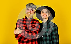 Couple vintage fashion. follow old fashioned tradition. retro couple of farmers. happy man and woman checkered shirt and