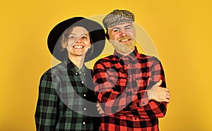 Couple vintage fashion. follow old fashioned tradition. retro couple of farmers. happy man and woman checkered shirt and