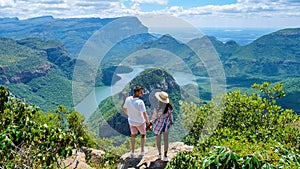couple visit the Panorama Route South Africa, Blyde river canyon with the three rondavels