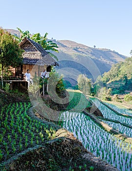 Couple visit a rice farm with rice fields in Northern Thailand,rice paddies in mountains Chiang Mai
