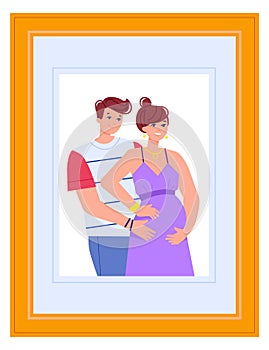 Couple waiting baby. Pregnancy photo in wooden frame