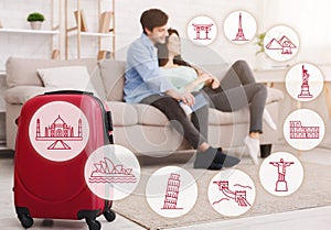 Couple Waiting For Travel With Suitcase Indoor, Collage With Landmarks