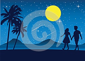 couple walk on beach at night,romantic scene sea nearby palm tree and full moon star