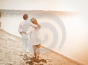 Couple walk sea, great design for any purposes. Healthy active lifestyle. Elderly couple. Blue sky. Elderly people