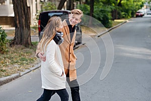 Couple walk street casual date leisure pastime