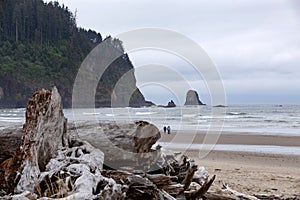 Couple walking across the Oregon pacific ocean beach