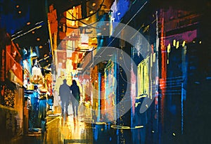 Couple walking in alley with colorful lights