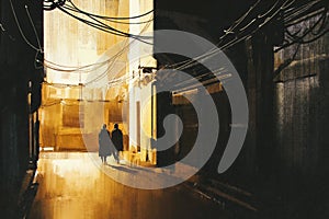 Couple walking in alley at night