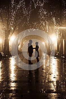 Couple walking at alley in night lights.