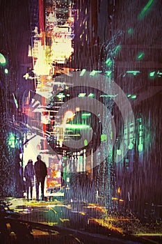 Couple walking in alley at rainy night