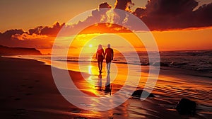 Couple walking along the beach during sunset