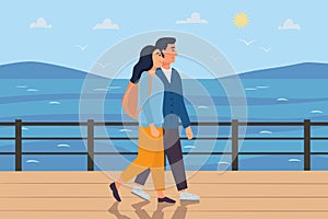 Couple walking along the sea on a trip. Woman with backpack and man going together in sunny weather. Travel concept. Flat cartoon