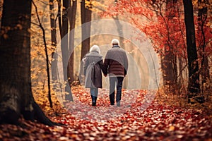 Couple walking in the autumn forest. Couple walking in the autumn forest, elderly couple walking together in autumnal forest, AI