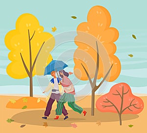 Couple Walking in Autumn Park with Falling Leaves