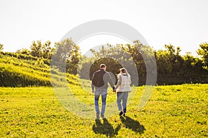 Couple walking in autumn sunset countryside meadow holding hands