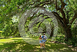 Couple walking in the beautiful park in Charleston.