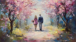 Couple Walking Through Blossoming Spring Trees