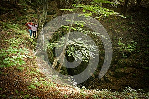 Couple walking in a deep forest on beautiful spring day