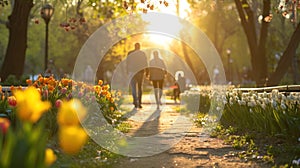A couple walking down a path in the park with flowers and trees, AI