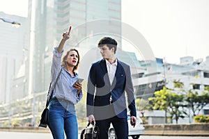 Couple walking on downtown together