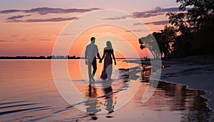 A couple walking, embracing, enjoying sunset, love, nature, togetherness generated by AI