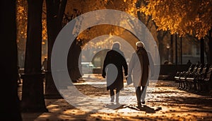 A couple walking, embracing, smiling, holding hands, enjoying autumn nature generated by AI