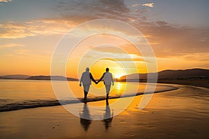 couple, walking hand in hand along golden beach, with sunset in the background