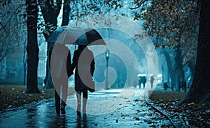 couple walking hand in hand in rainy day with umbrella in rain