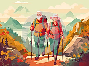 couple walking hiking happy senior elderly trekking grandfather old active. Generative AI.