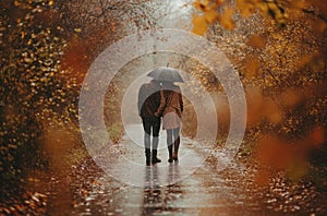 a couple walking on a path out on a rainy day