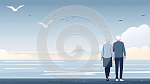 A couple is walking on a pier by the ocean