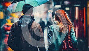 A couple walking through the rain with their umbrella. The background shows the reflections on the wet pavement