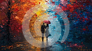 A couple is walking in the rain with an umbrella
