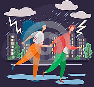 Couple walking in rain without umbrella in city park, thunder and lightning in sky, hurry home