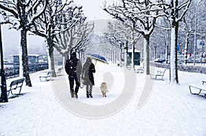 Couple Walking in Snow Storm