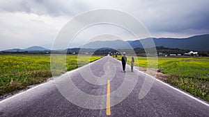 Couple walking a straight road leading into the distance