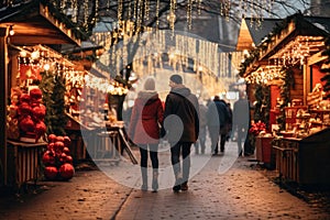 Couple walking on the street at Christmas market in Vilnius, Lithuania, Enjoying Christmas Market, a couple walking near stalls,