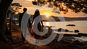 A couple walking at sunset, embracing love and enjoying nature generated by AI