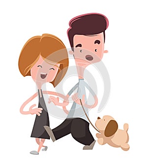 Couple walking their pet dog illustration cartoon character
