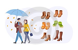 Couple walking together at autumn day under umbrella with warm trendy shoes set