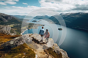 Couple walking on top of mountain and looking at fjord in Norway, rear view of Couple family traveling together on cliff edge in