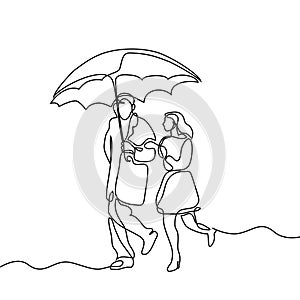 Couple walking under umbrella.