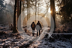 Couple walking in winter forest at sunrise. Man and woman walking in winter forest, Best agers enjoying a winter walk, snowy photo