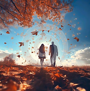 A couple is walking in the woods with leaves falling from the sky