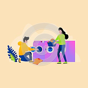 Couple washing clothes in laundry, Laundry Time, Couple Make Washing Clothing illustration, Couple Washing Machine, Man woman with