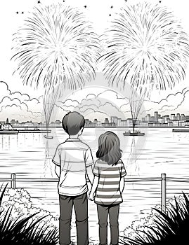 Couple watching fireworks show in the sky. Black and White coloring sheet. New Year\'s fun and festiv