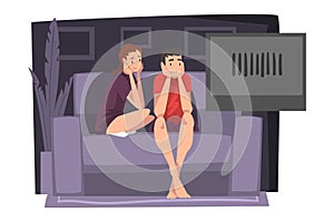 Couple Watching Movie Together on Couch, Young Man and Woman Spending Time at Home Vector Illustration