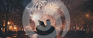 A couple watching New Year\'s Eve Fireworks in the city center. Firework explosion in the night sky. Happy new year